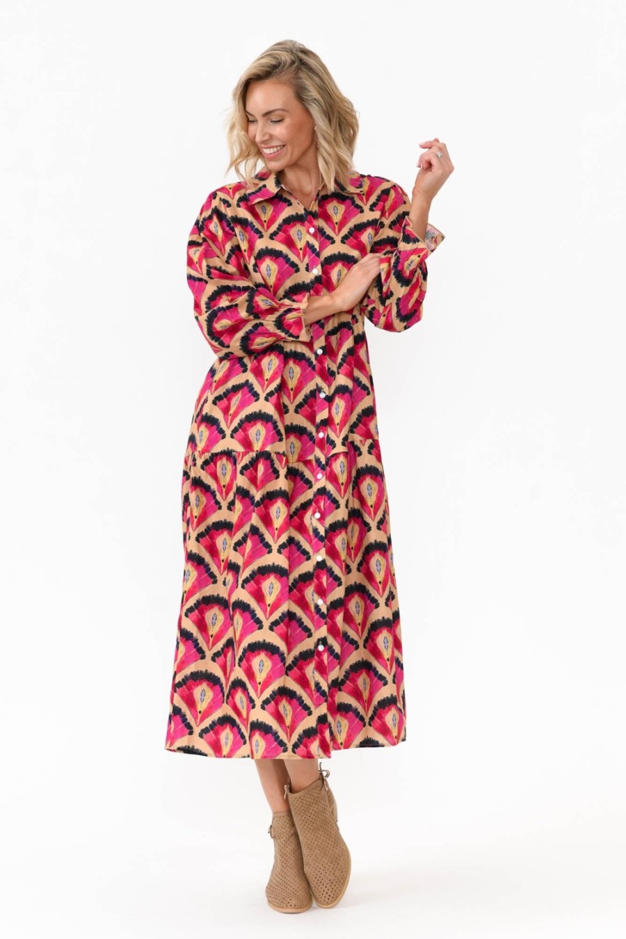 Clothing Liberty Rose Below Knee Dresses | Nyssa Pink Geo Linen Blend Dress