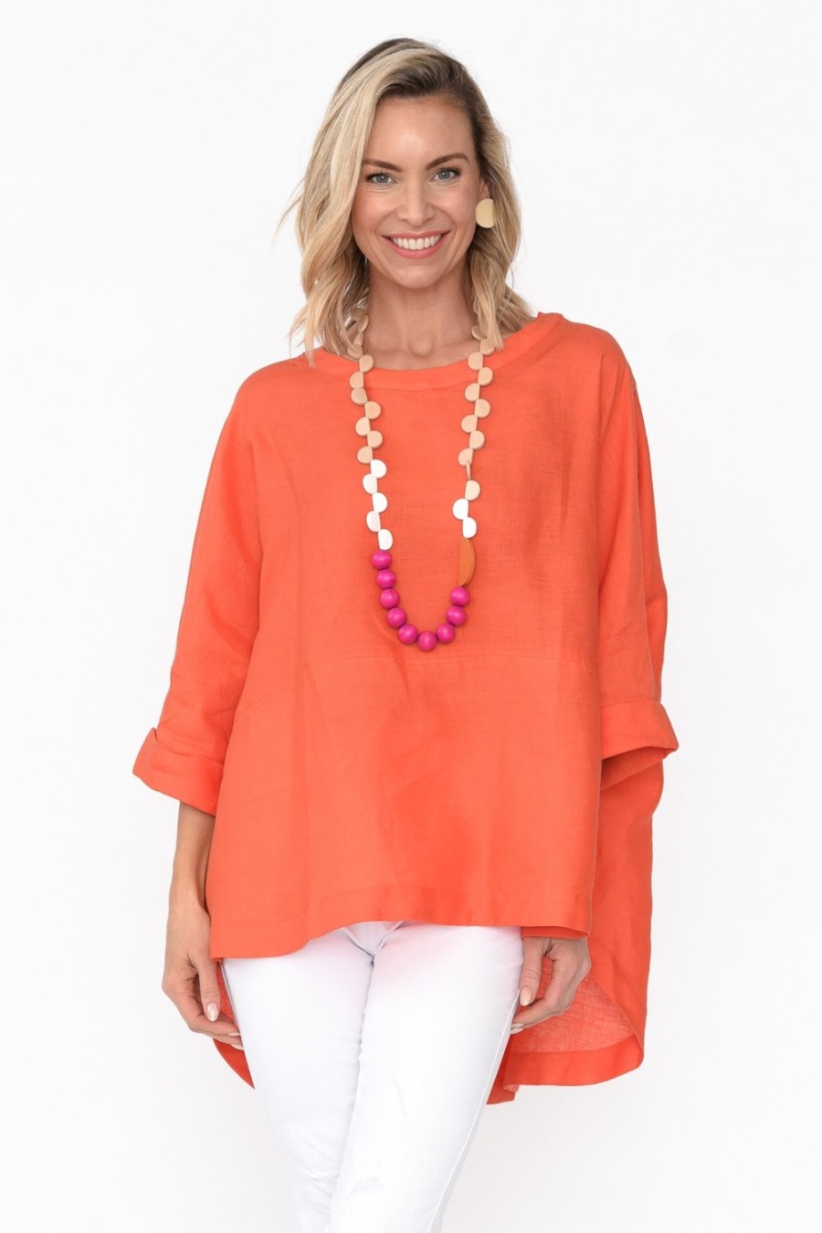 Clothing Tirelli Sleeved Tops | Holden Orange Linen Pleat Top