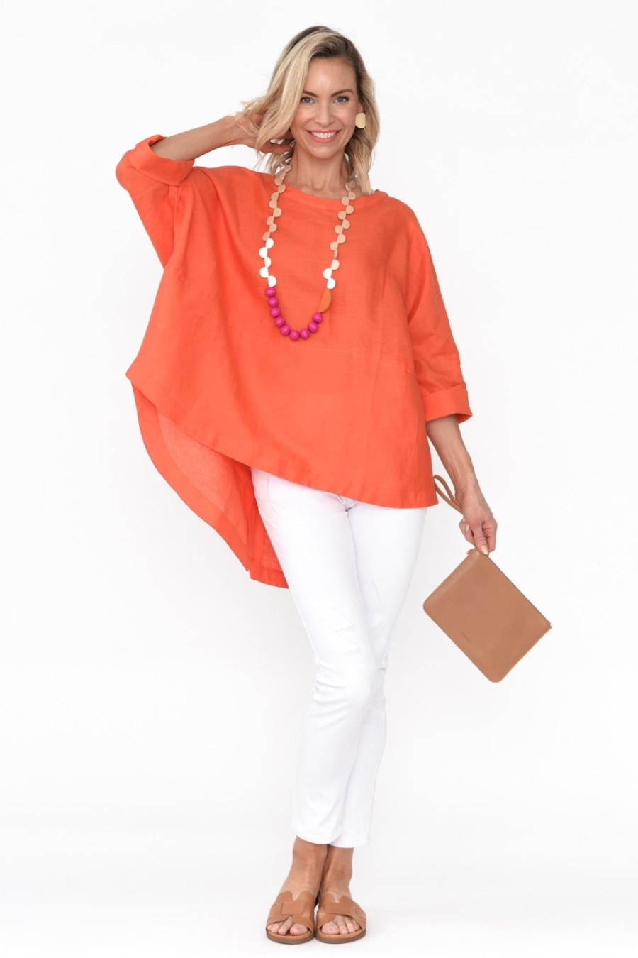 Clothing Tirelli Sleeved Tops | Holden Orange Linen Pleat Top