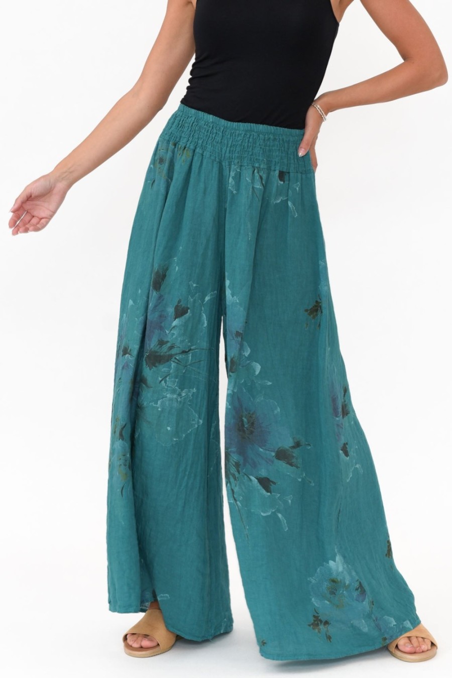 Clothing Donna Donna Pants | Rumi Teal Floral Wide Leg Linen Pant