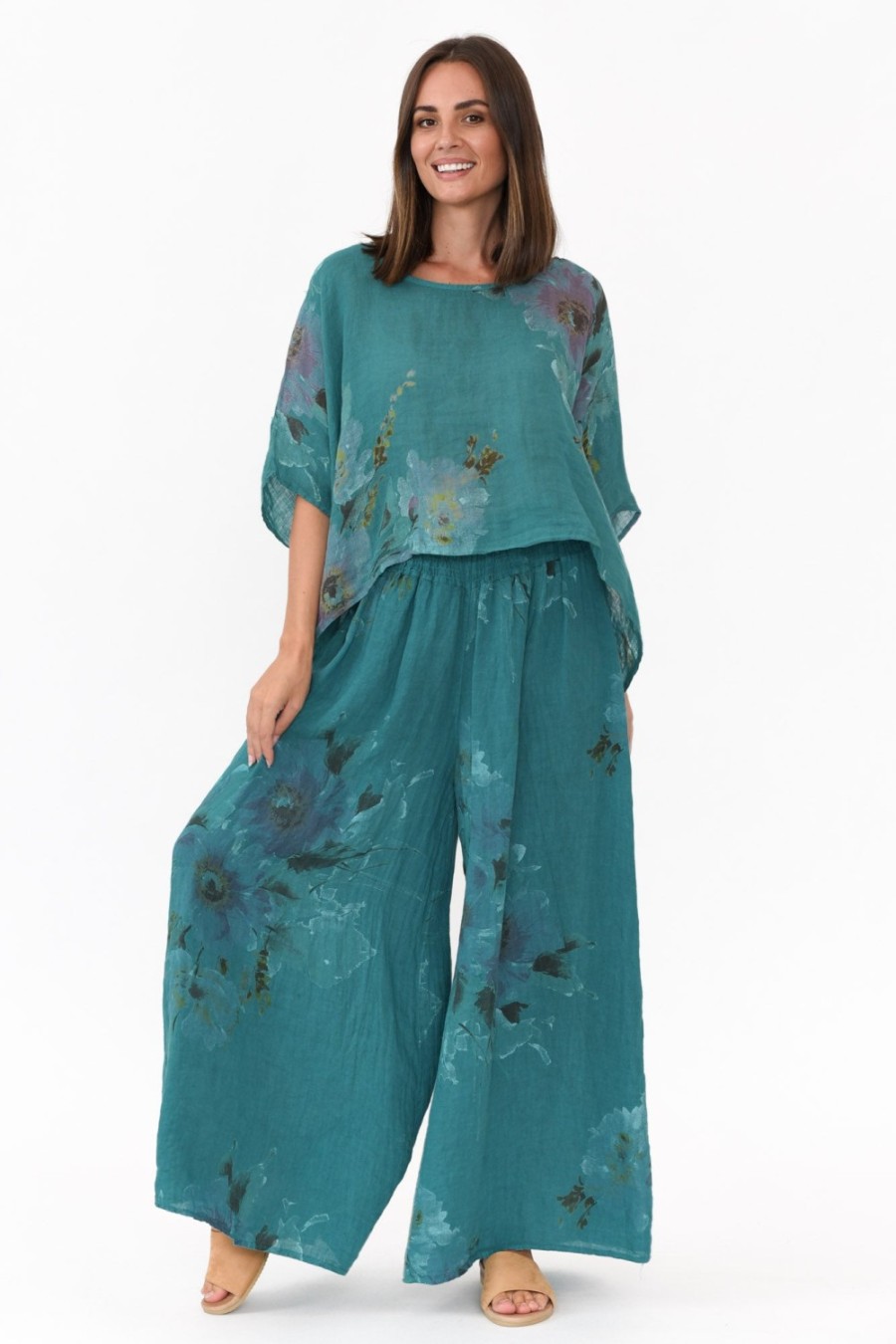 Clothing Donna Donna Pants | Rumi Teal Floral Wide Leg Linen Pant