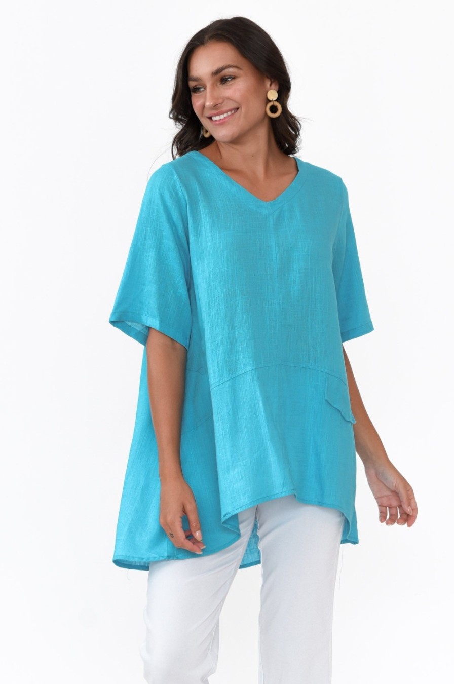 Clothing Ruby Rain Linen Tops | Neptune Aqua Linen Cotton Top