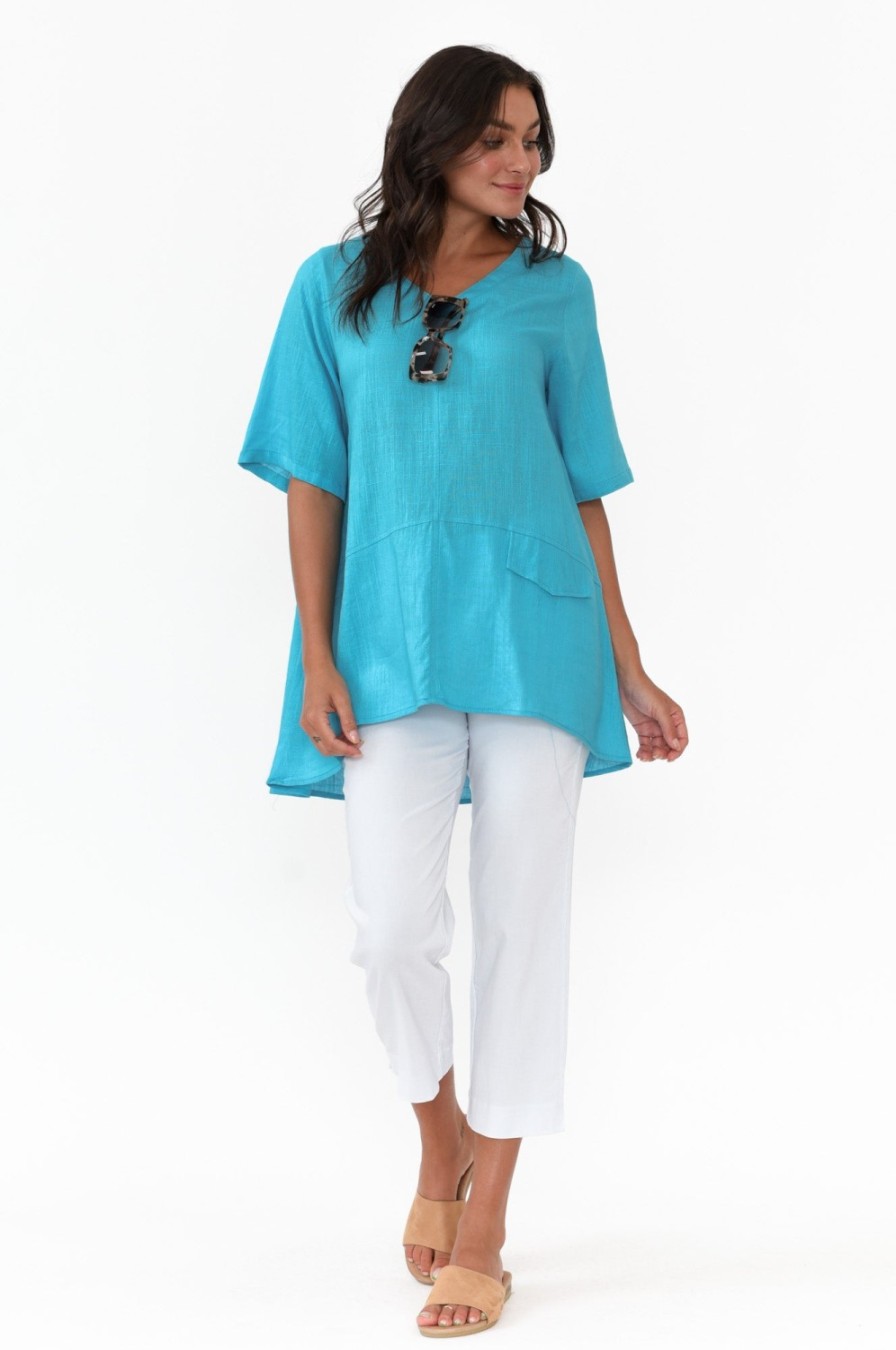 Clothing Ruby Rain Linen Tops | Neptune Aqua Linen Cotton Top