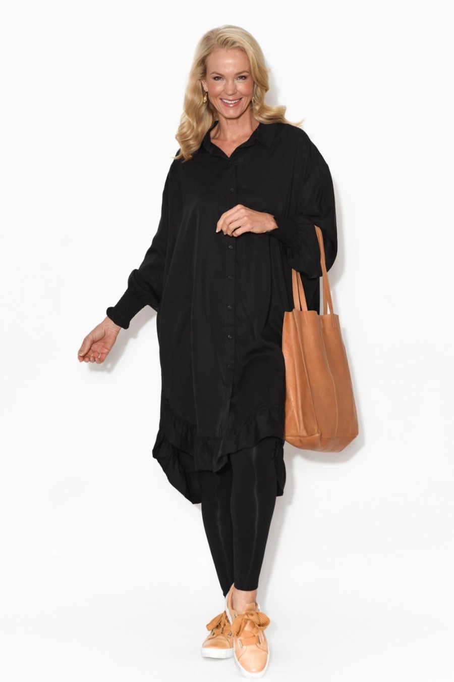 Clothing PQ Below Knee Dresses | Elma Black Tencel Shirt Dress