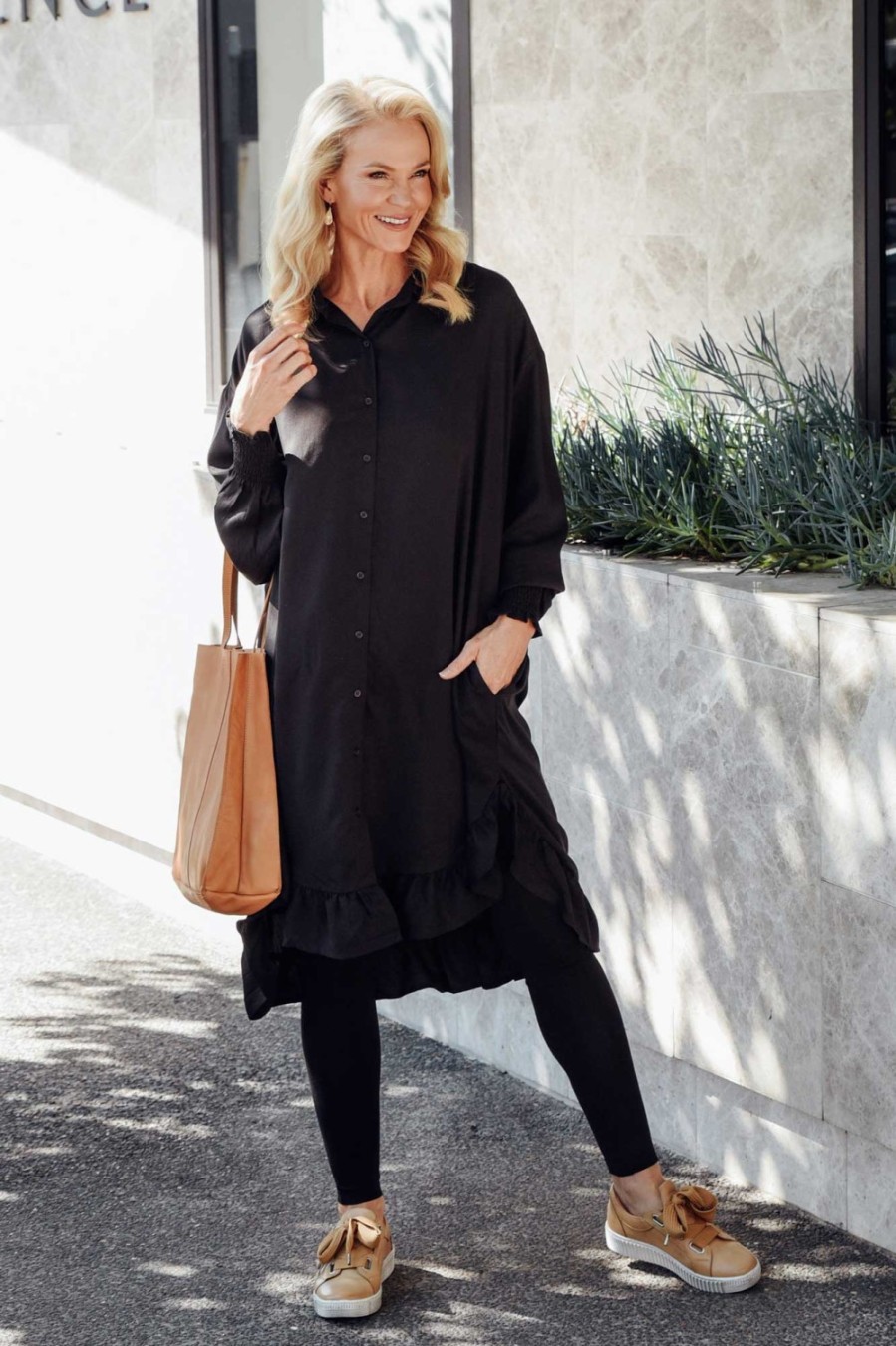 Clothing PQ Below Knee Dresses | Elma Black Tencel Shirt Dress