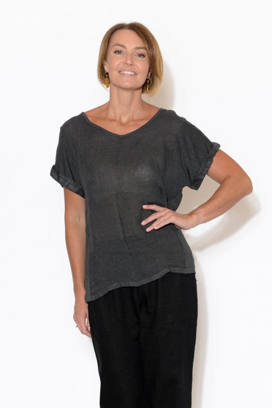 Clothing Talia Benson Linen Tops | Anna Charcoal Linen Tee