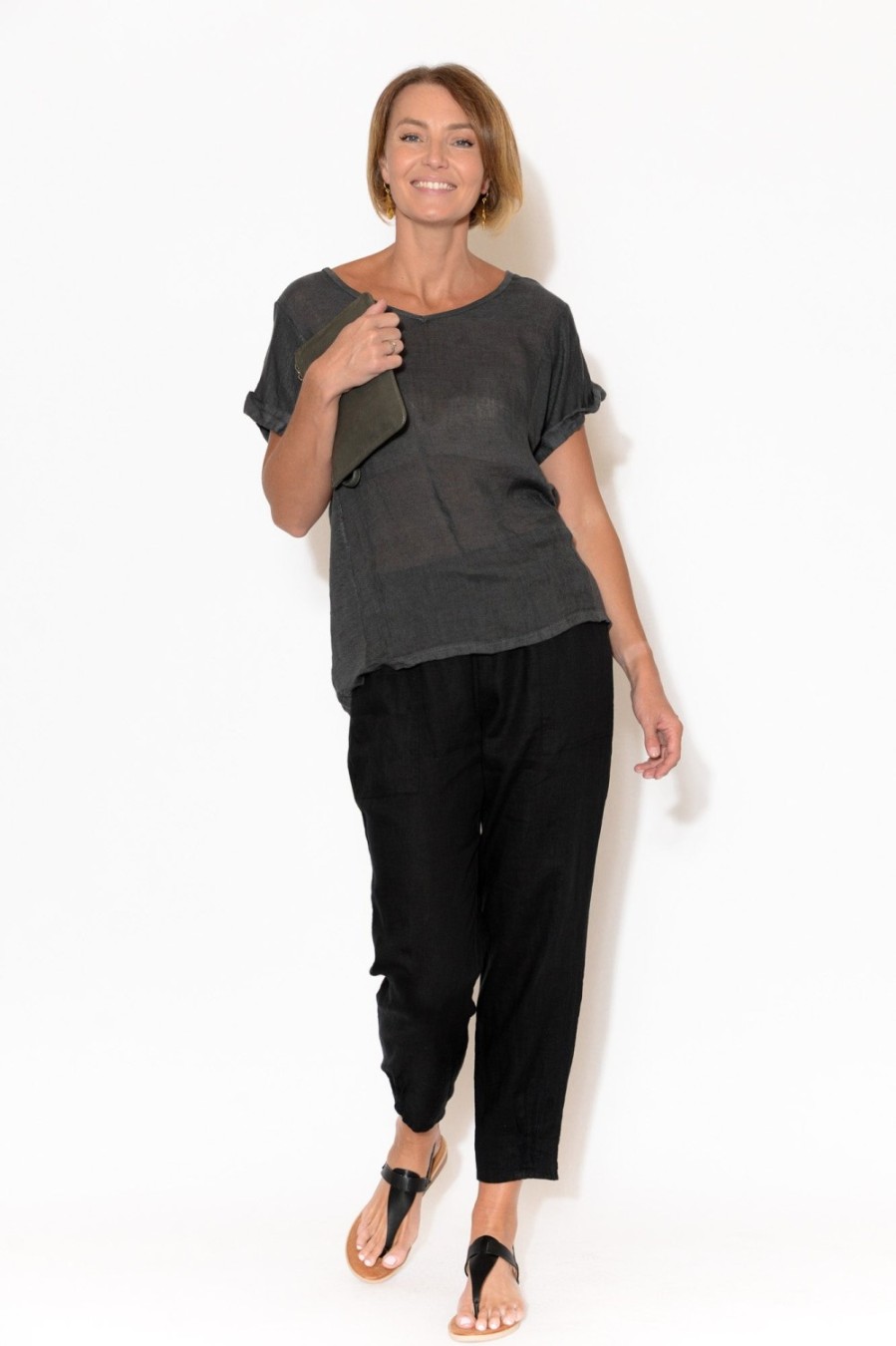 Clothing Talia Benson Linen Tops | Anna Charcoal Linen Tee