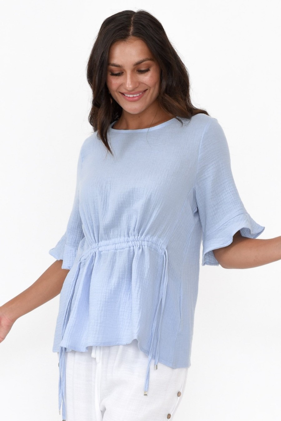 Clothing Hourglass Cotton Tops | Rita Blue Crinkle Cotton Tie Top