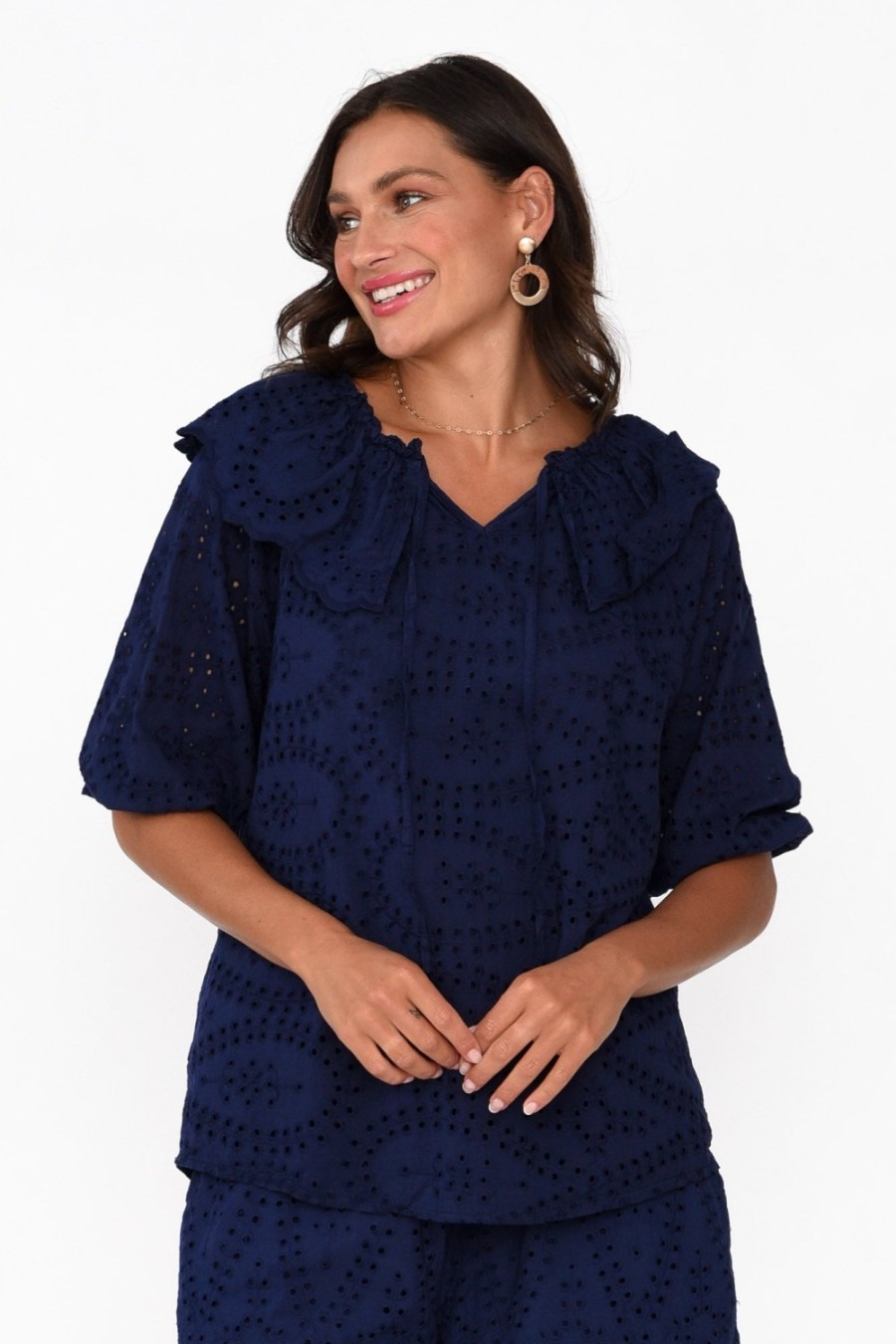 Clothing La Strada Cotton Tops | Elowen Navy Embroidered Cotton Top