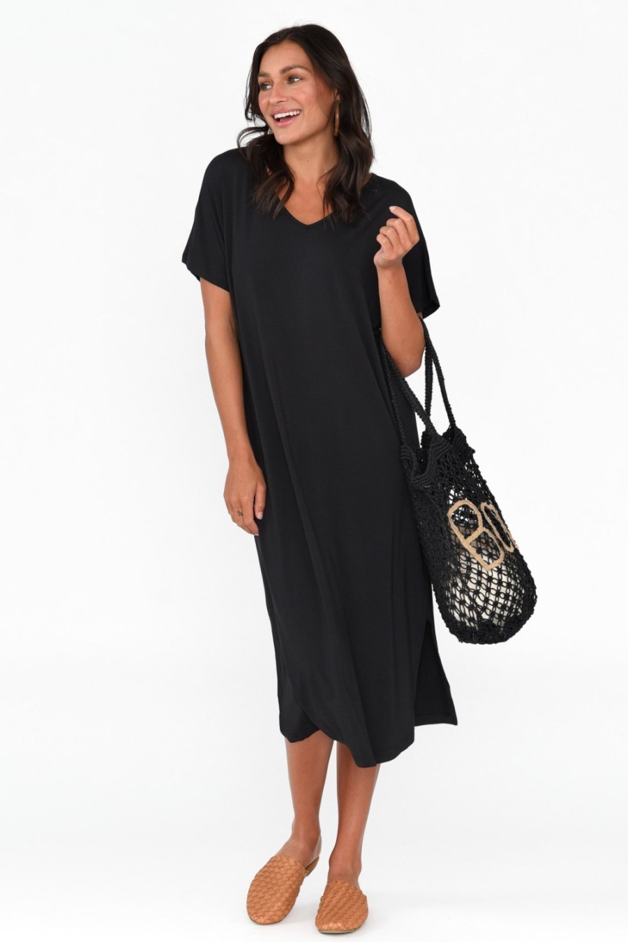 Clothing Pq Bamboo Dresses | Dennis Black Bamboo V Neck Dress