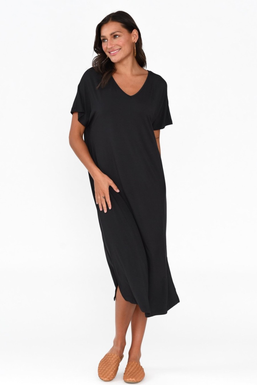 Clothing Pq Bamboo Dresses | Dennis Black Bamboo V Neck Dress