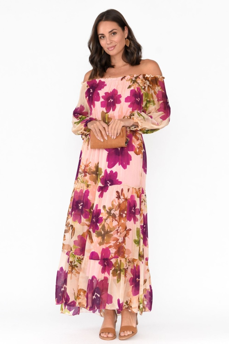 Clothing Italian Closet Maxi Dresses | Giardino Pink Floral Silk Dress