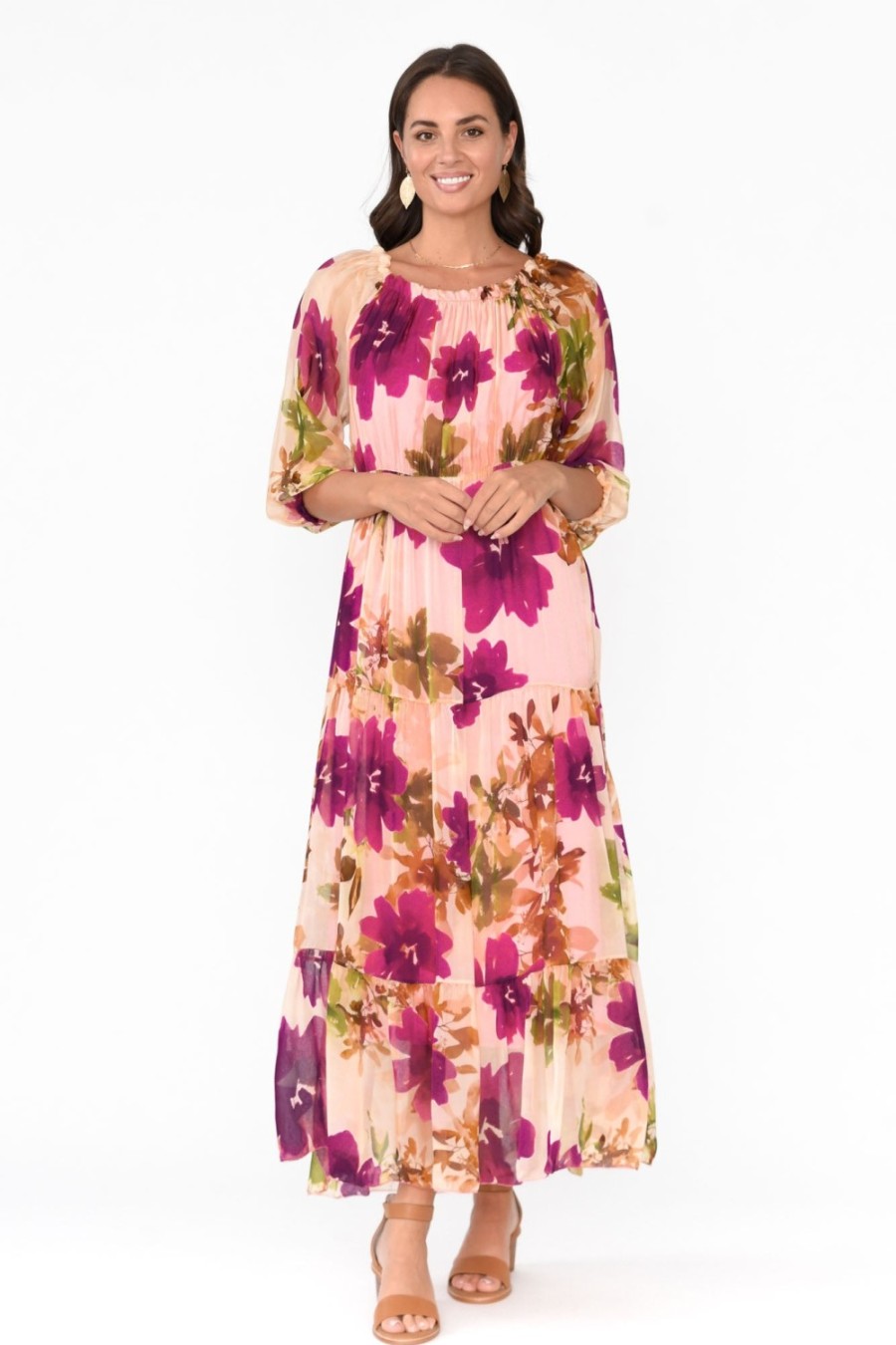 Clothing Italian Closet Maxi Dresses | Giardino Pink Floral Silk Dress