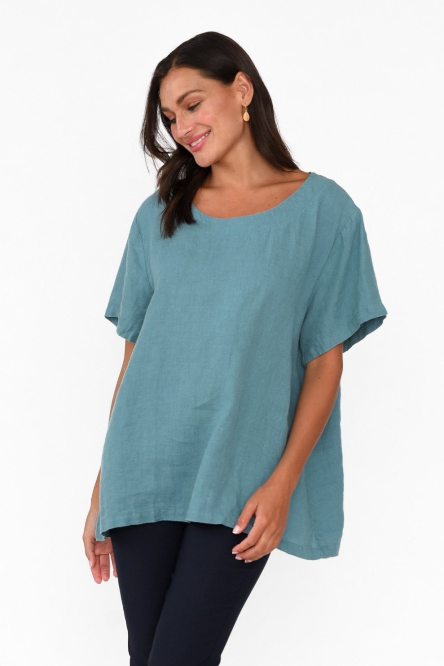 Clothing Cali and Co Linen Tops | Micah Teal Linen Scoop Neck Top