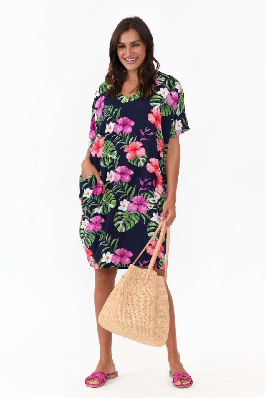 Clothing Red Lotus Above Knee Dresses | Gaby Navy Tropical Drape Tee Dress