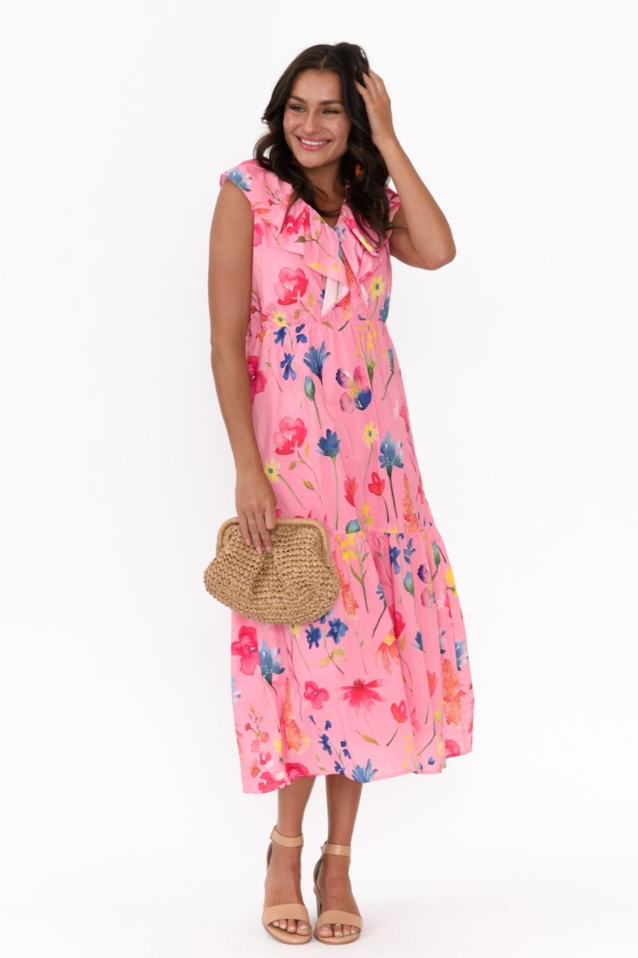 Clothing Liberty Rose Cotton Dresses | Thea Pink Flower Cotton Poplin Frill Dress