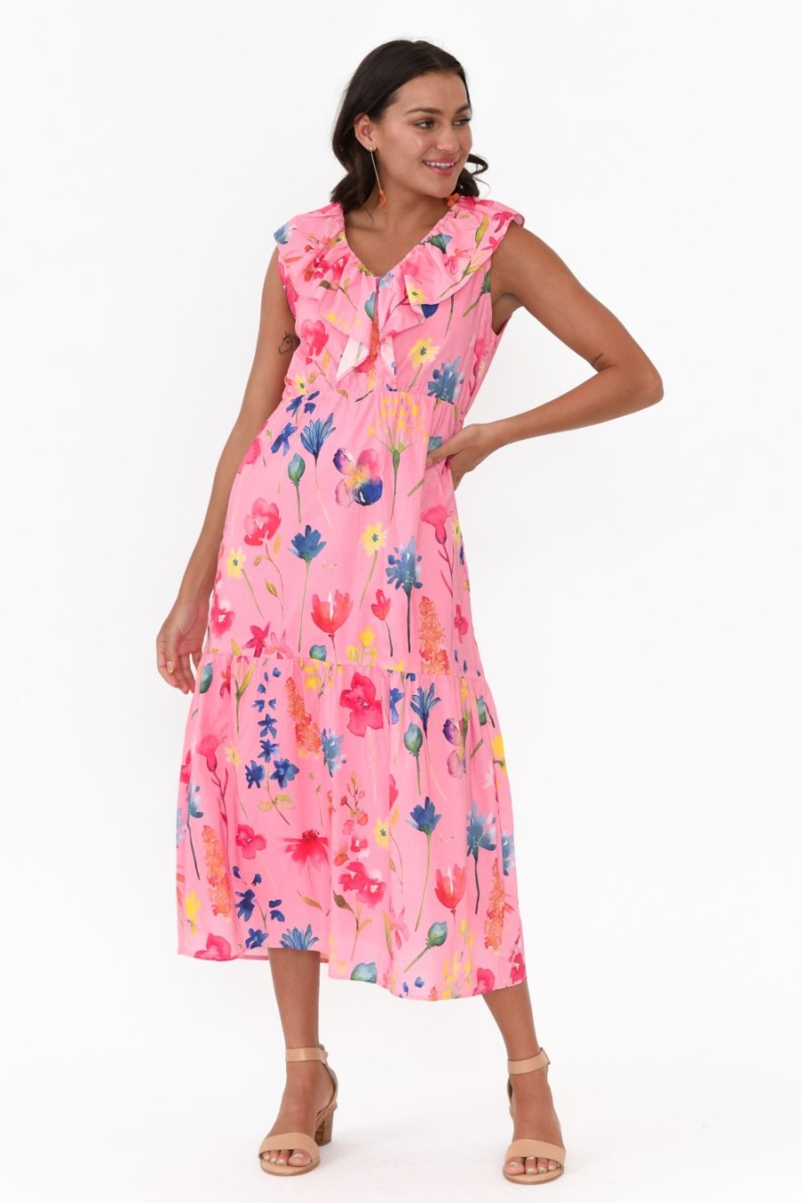 Clothing Liberty Rose Cotton Dresses | Thea Pink Flower Cotton Poplin Frill Dress