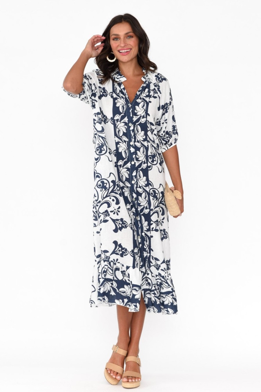 Clothing La Strada Linen Dresses | Pascale Navy Floral Linen Cotton Dress