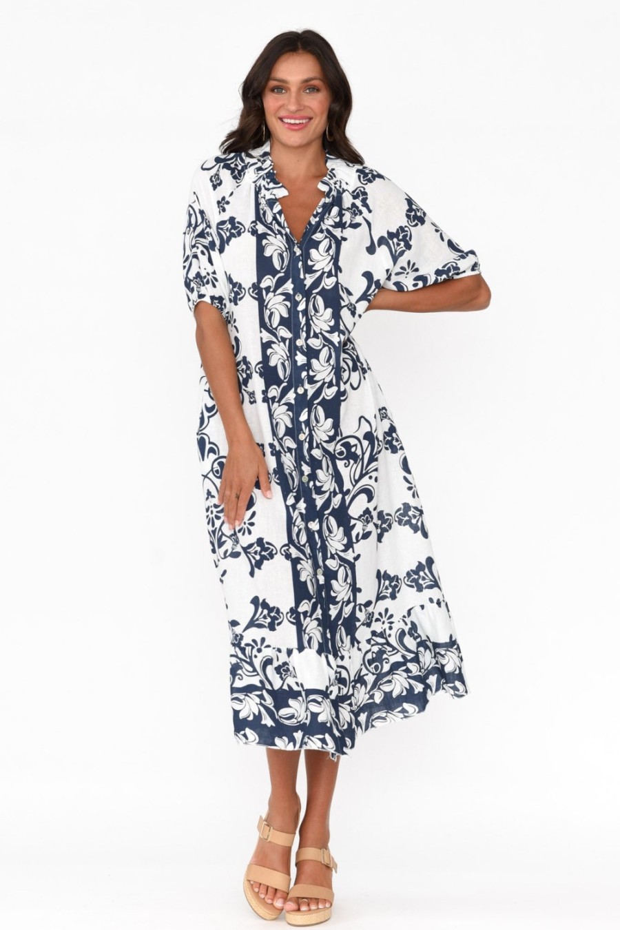 Clothing La Strada Linen Dresses | Pascale Navy Floral Linen Cotton Dress