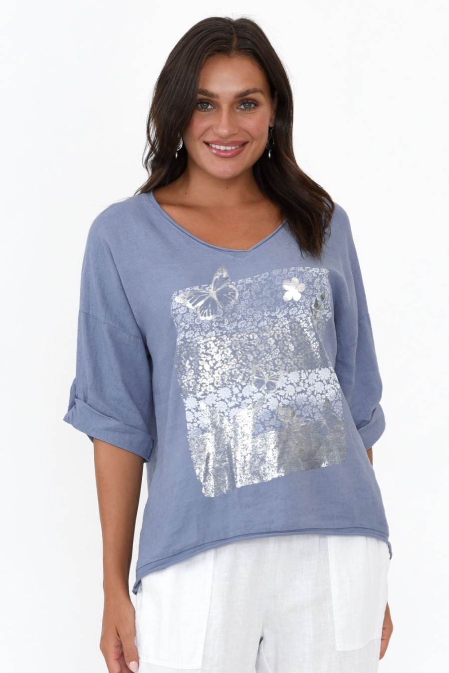 Clothing La Strada Linen Tops | Ethan Blue Foil Garden Linen Blend Tee