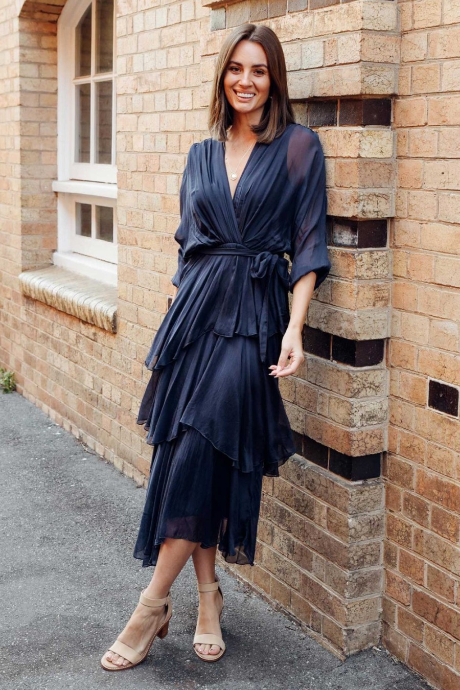 Clothing La Strada Midi Dresses | Victoria Navy Silk V Neck Dress