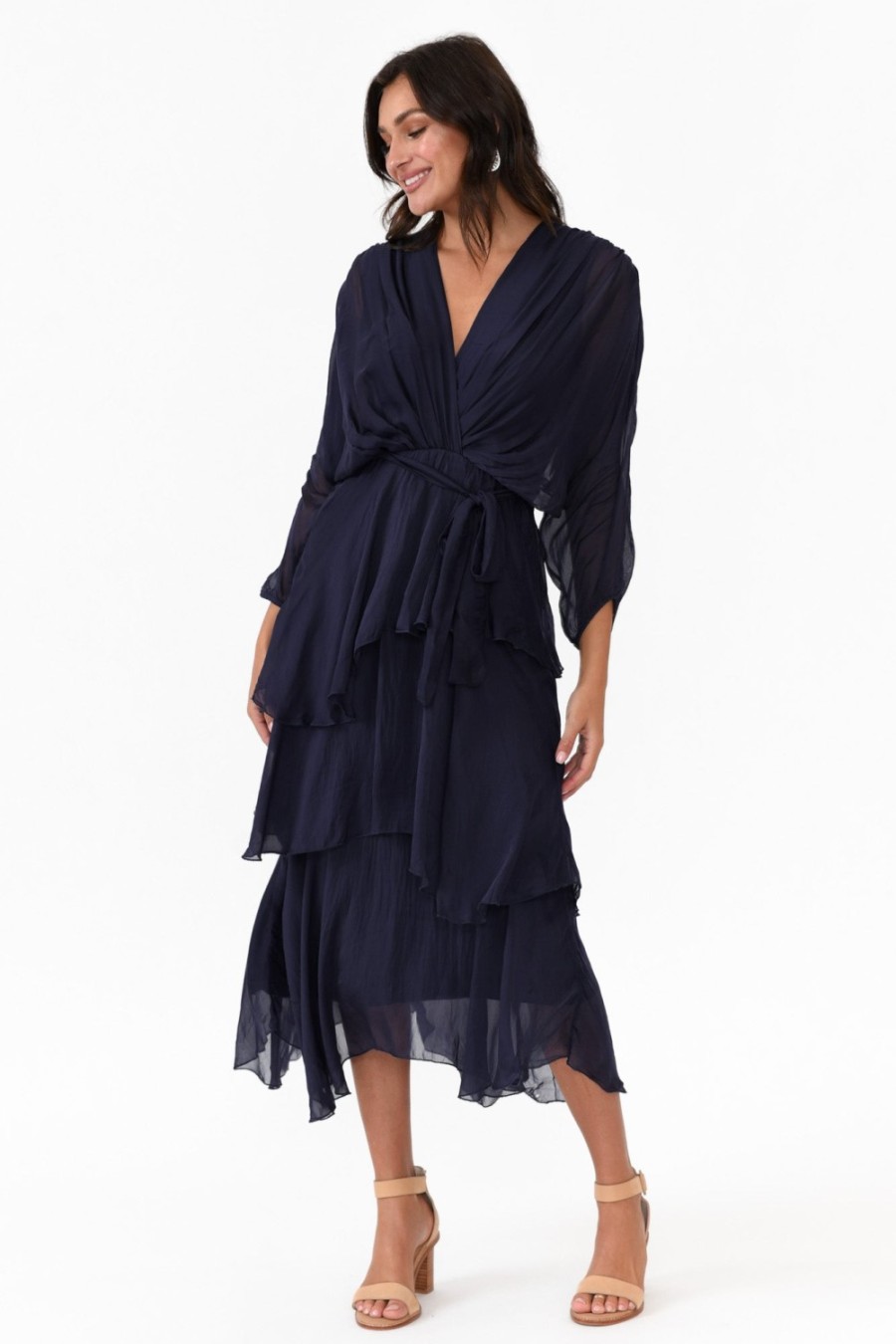 Clothing La Strada Midi Dresses | Victoria Navy Silk V Neck Dress