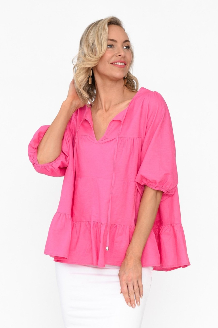 Clothing Cali and Co Linen Tops | Barrett Pink Linen Blend Top