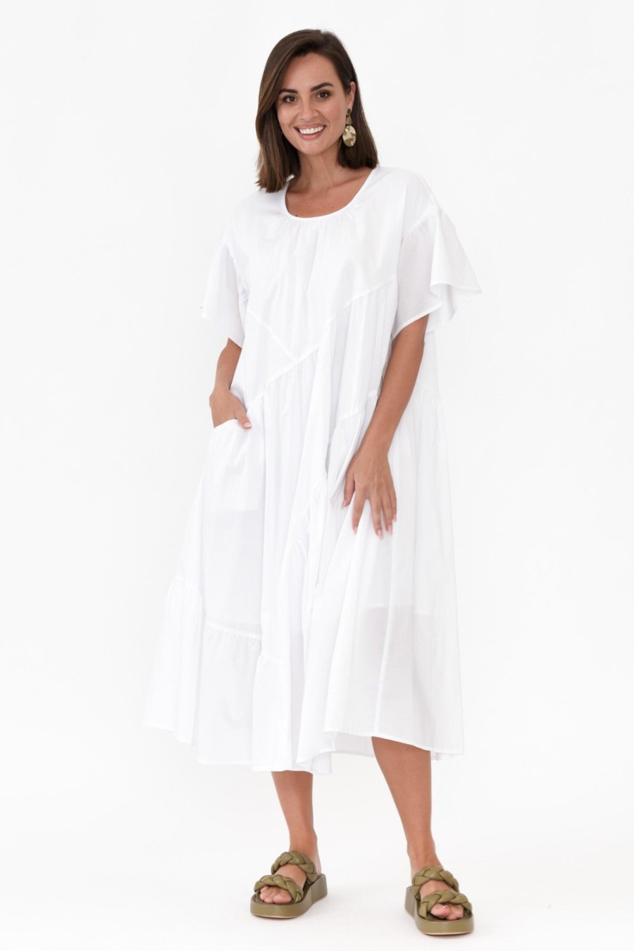 Clothing Tirelli Cotton Dresses | Alena White Angle Tier Cotton Dress