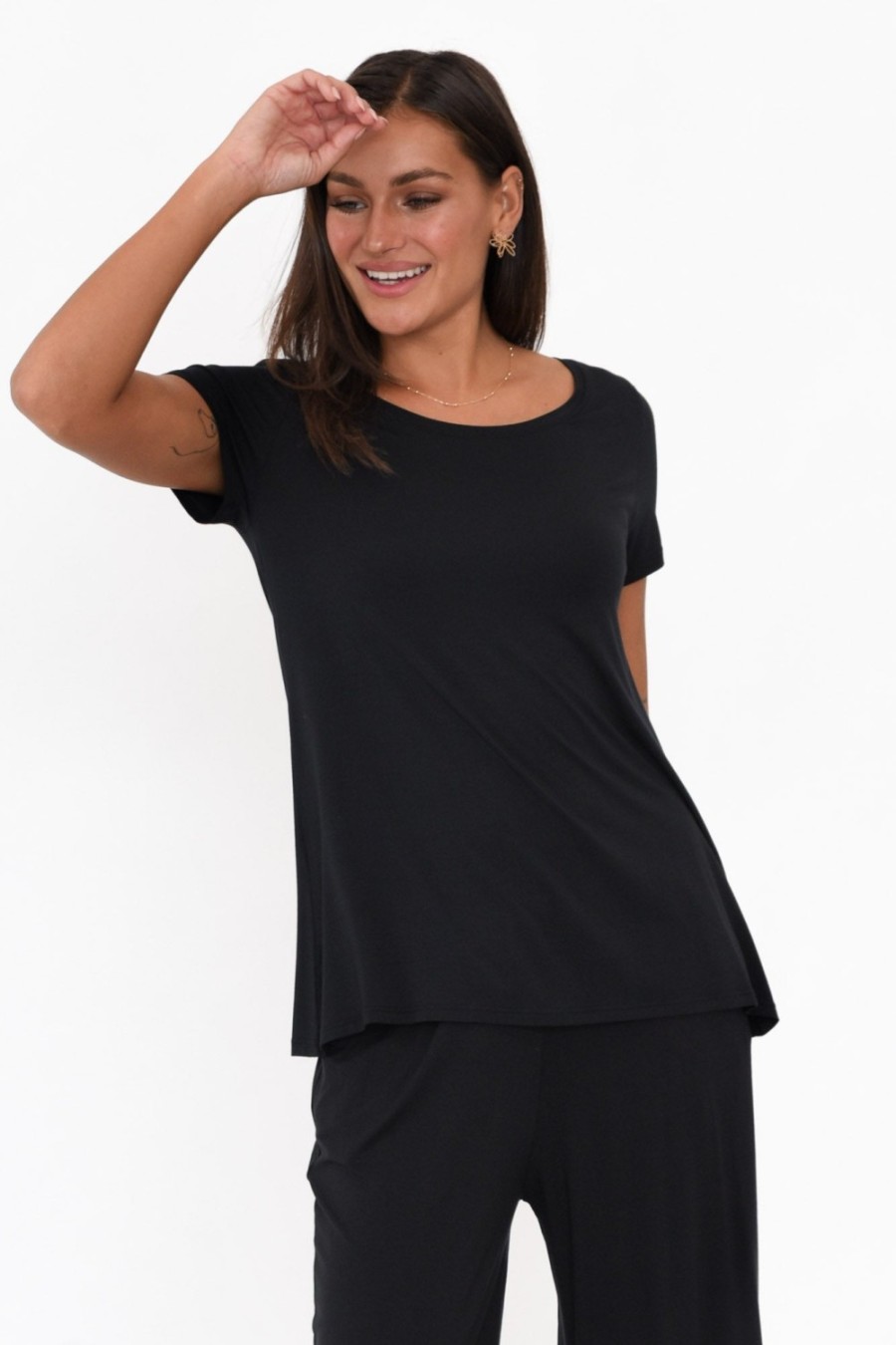 Clothing Tani Sleeved Tops | Black Micro Modal Swing Tee