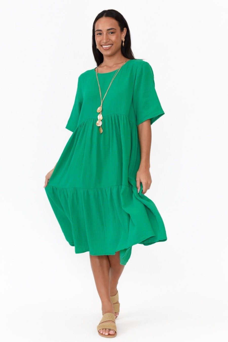 Clothing Cali and Co Cotton Dresses | Bernie Green Crinkle Cotton Dress