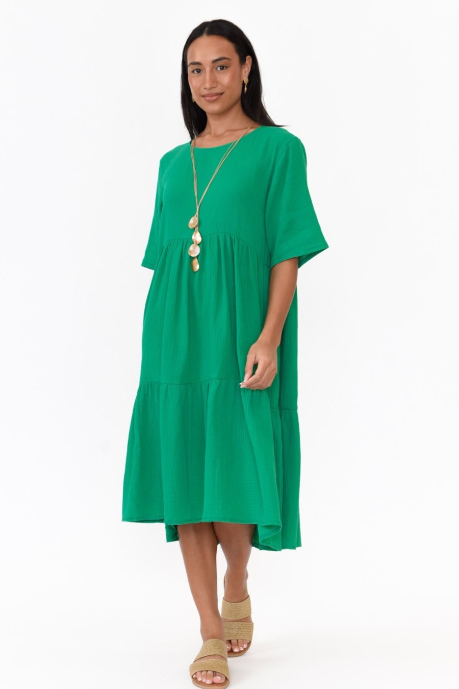 Clothing Cali and Co Cotton Dresses | Bernie Green Crinkle Cotton Dress