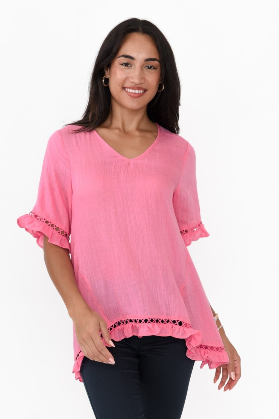 Clothing Willow Tree Linen Tops | Hewitt Pink V Neck Ruffle Top