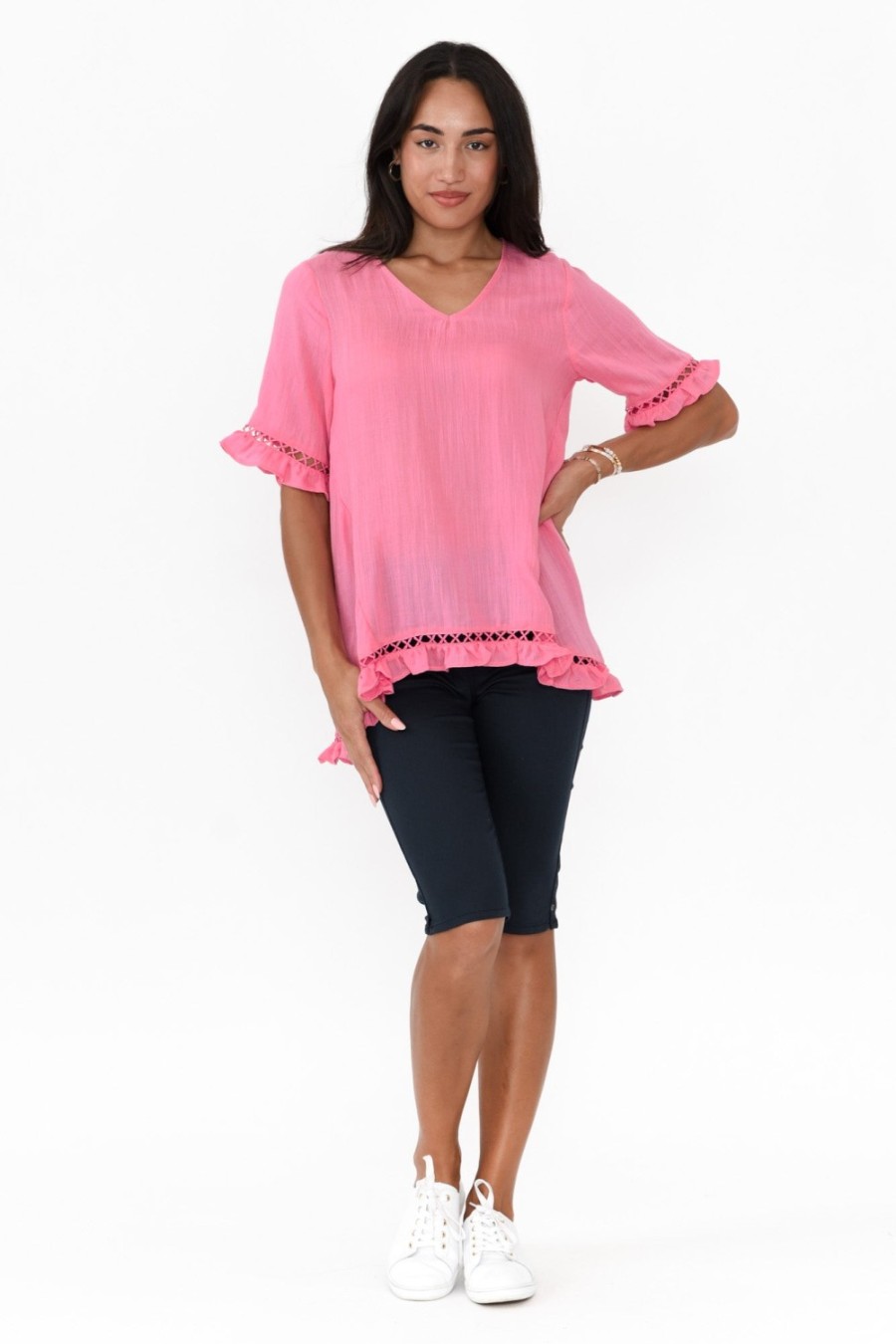 Clothing Willow Tree Linen Tops | Hewitt Pink V Neck Ruffle Top