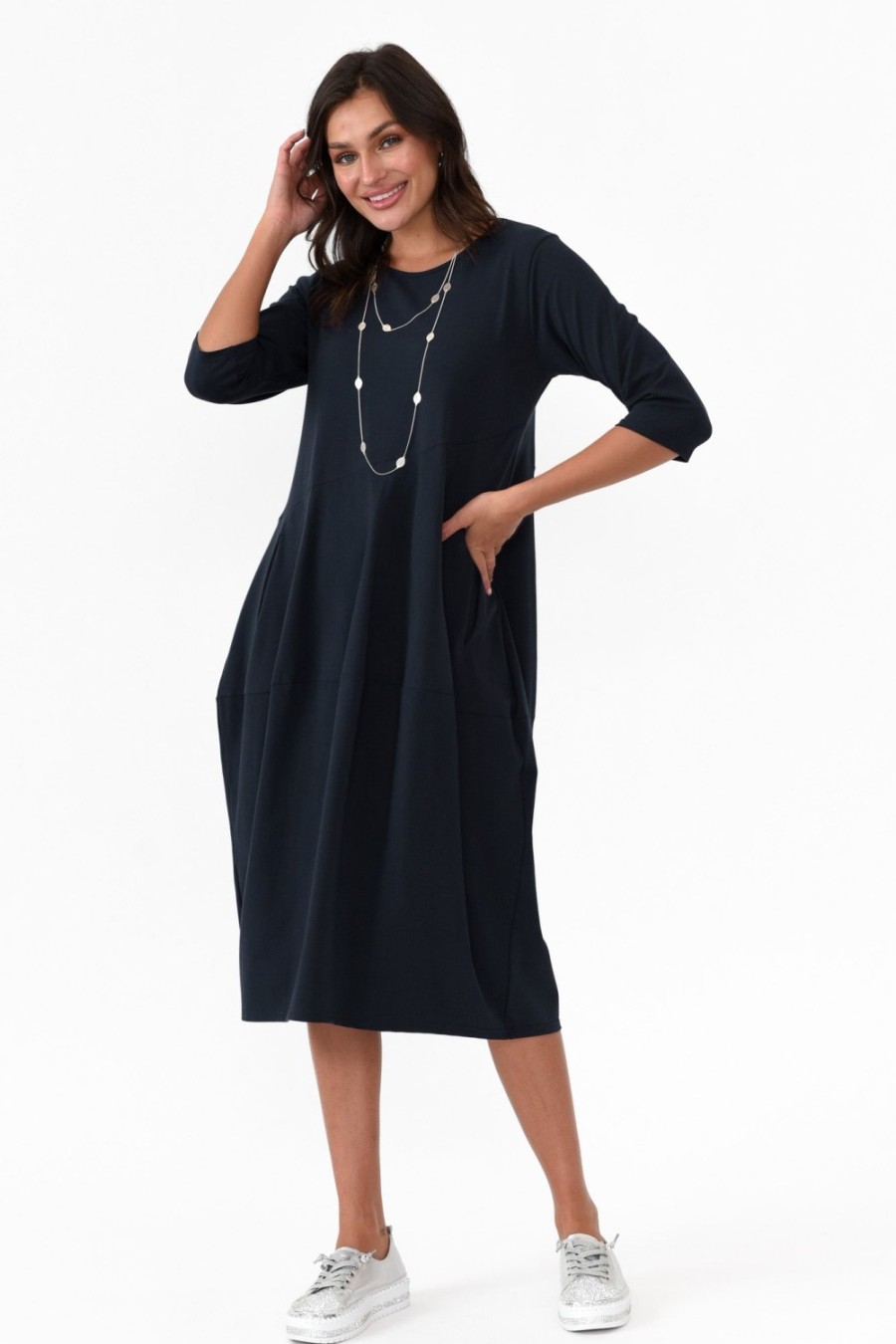 Clothing Tirelli Cotton Dresses | Misty Dark Navy Diagonal Seam Dress