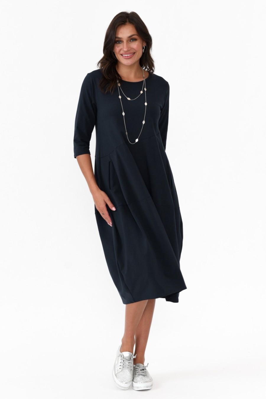 Clothing Tirelli Cotton Dresses | Misty Dark Navy Diagonal Seam Dress