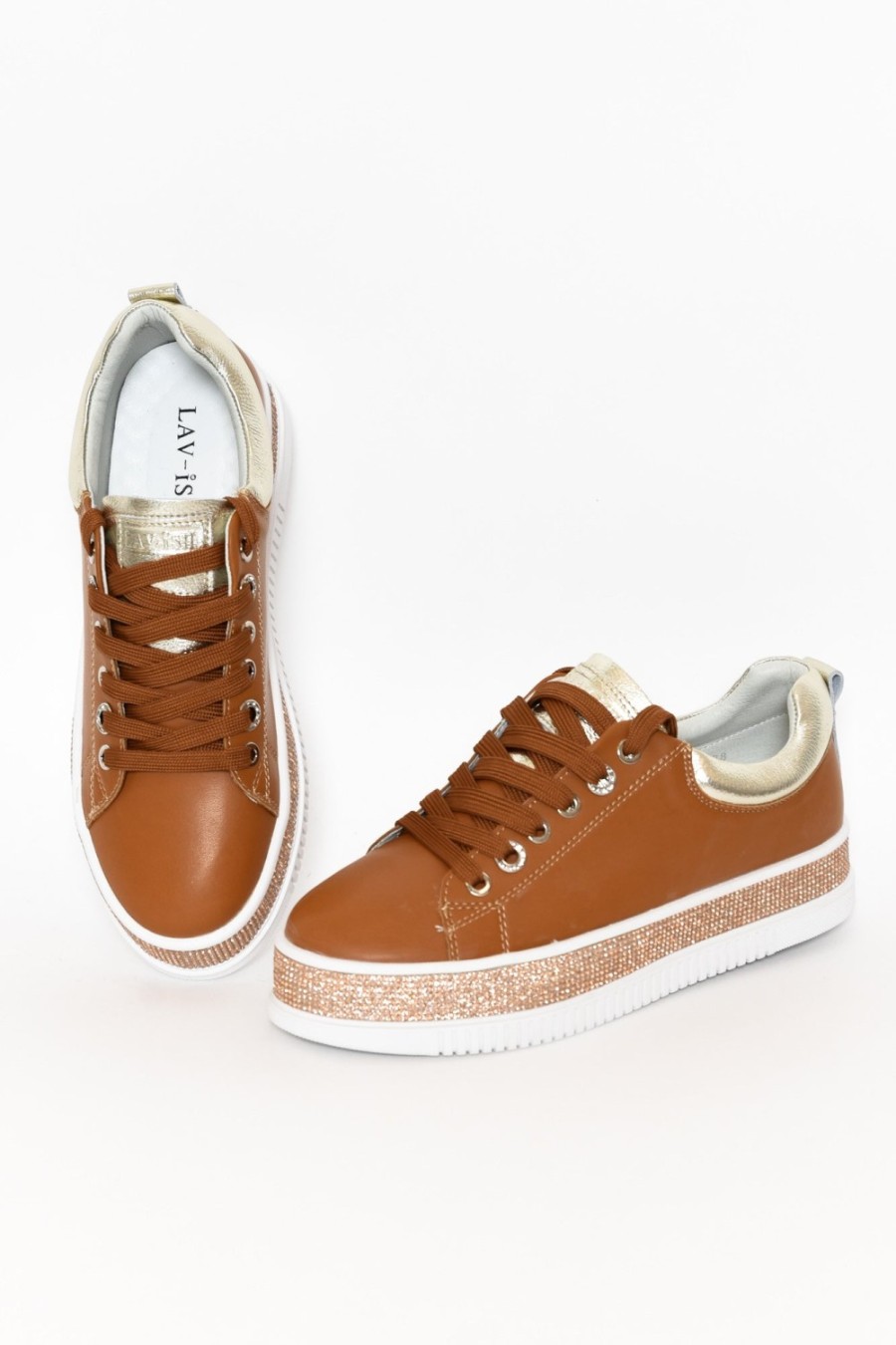 Shoes Lav-ish Leather Sneakers | Lange Tan Leather Diamante Sneaker