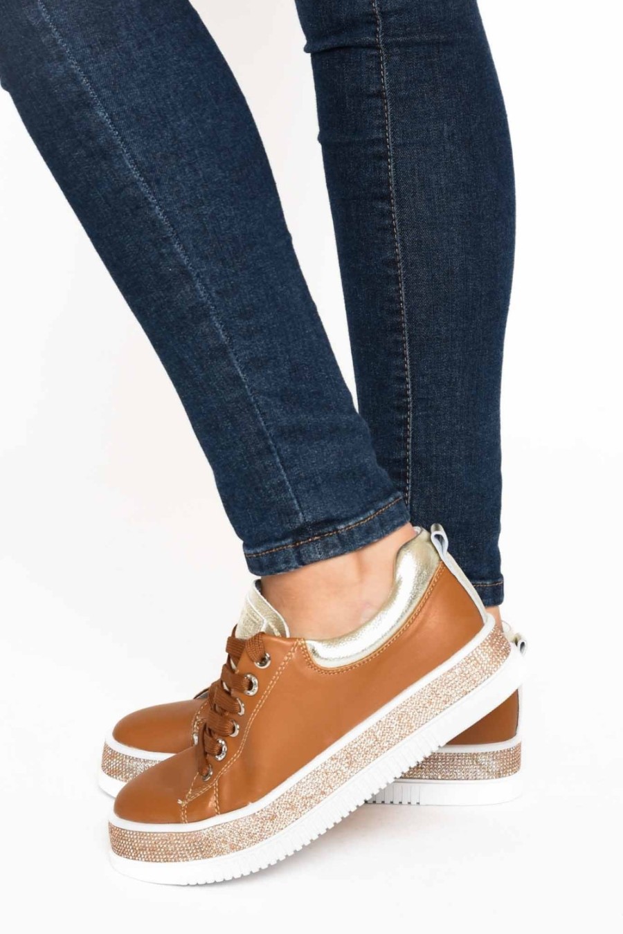 Shoes Lav-ish Leather Sneakers | Lange Tan Leather Diamante Sneaker