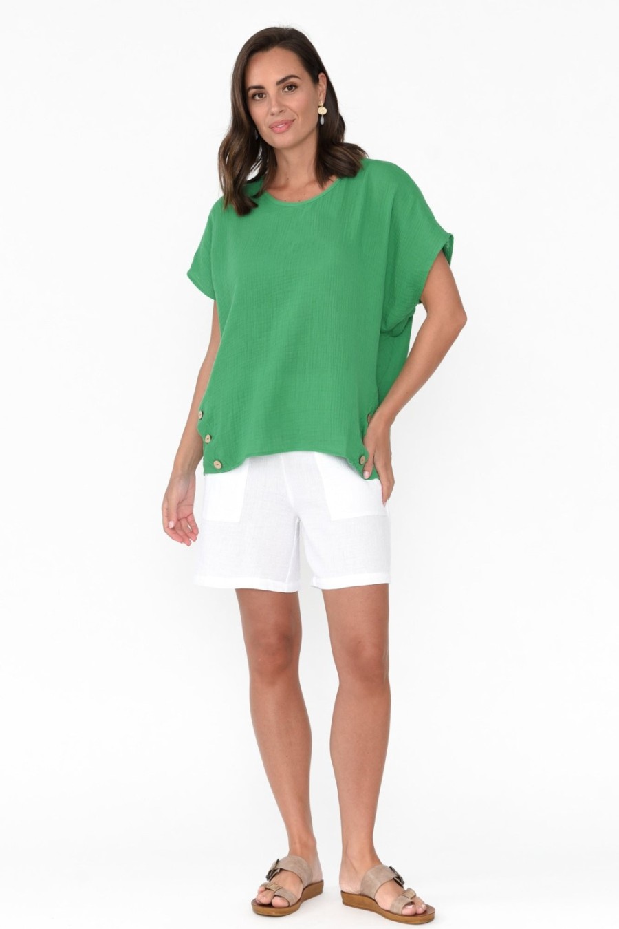 Clothing Threadz Cotton Tops | Byron Green Cotton Button Top