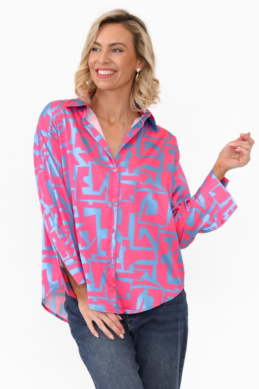 Clothing Slate the Label Shirts | Rosita Pink Geo Satin Collared Shirt