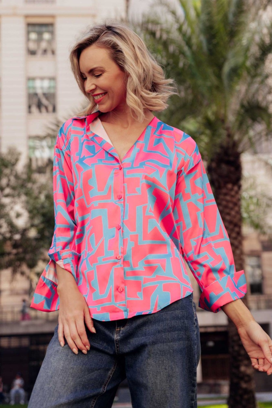 Clothing Slate the Label Shirts | Rosita Pink Geo Satin Collared Shirt