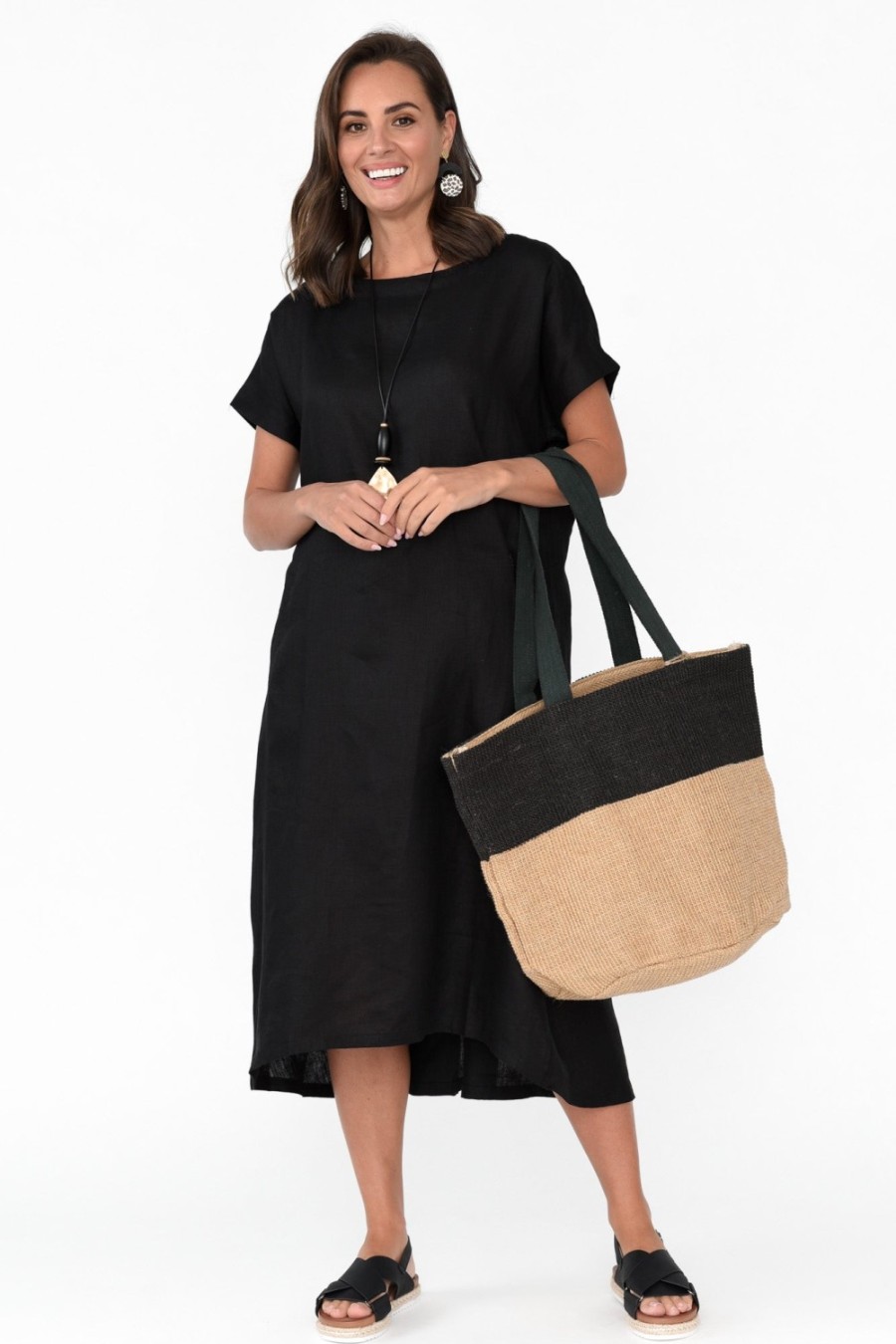 Clothing Tirelli Midi Dresses | Zeffie Black Linen Pocket Dress