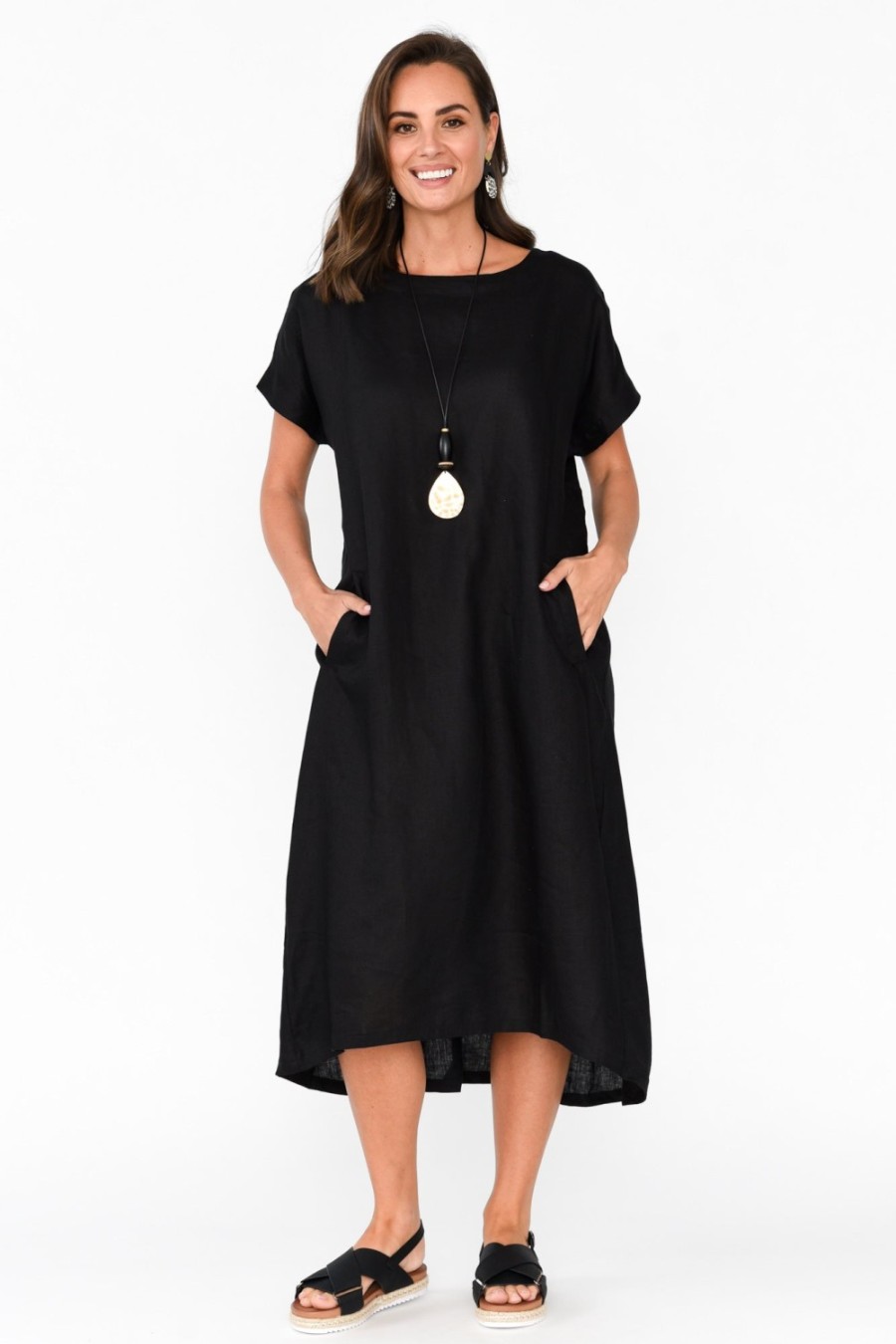 Clothing Tirelli Midi Dresses | Zeffie Black Linen Pocket Dress