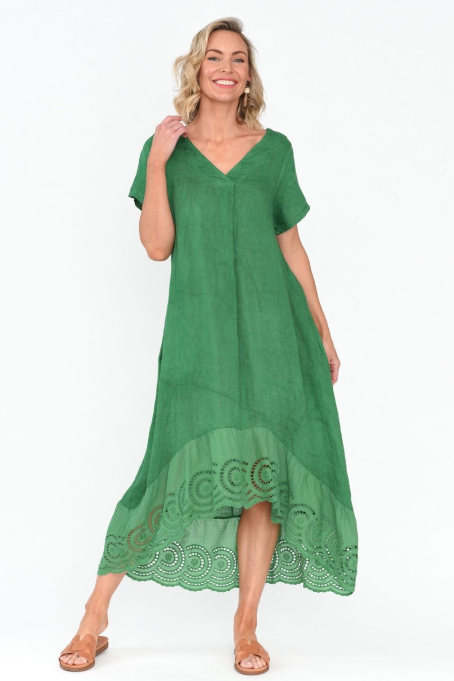 Clothing Fabuler Linen Dresses | Ravella Green Linen V Neck Dress