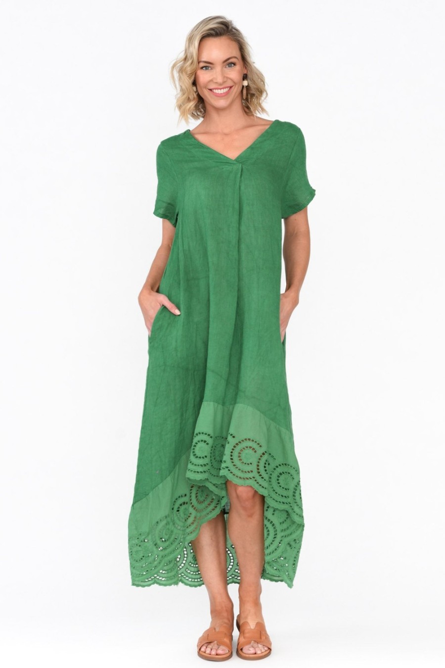 Clothing Fabuler Linen Dresses | Ravella Green Linen V Neck Dress