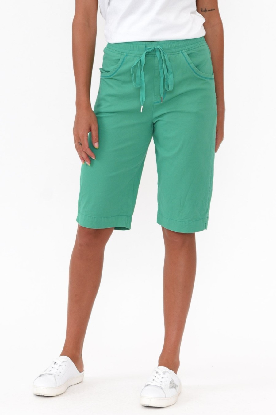 Clothing Cafe Latte Shorts | Cara Green Cotton Drawstring Shorts