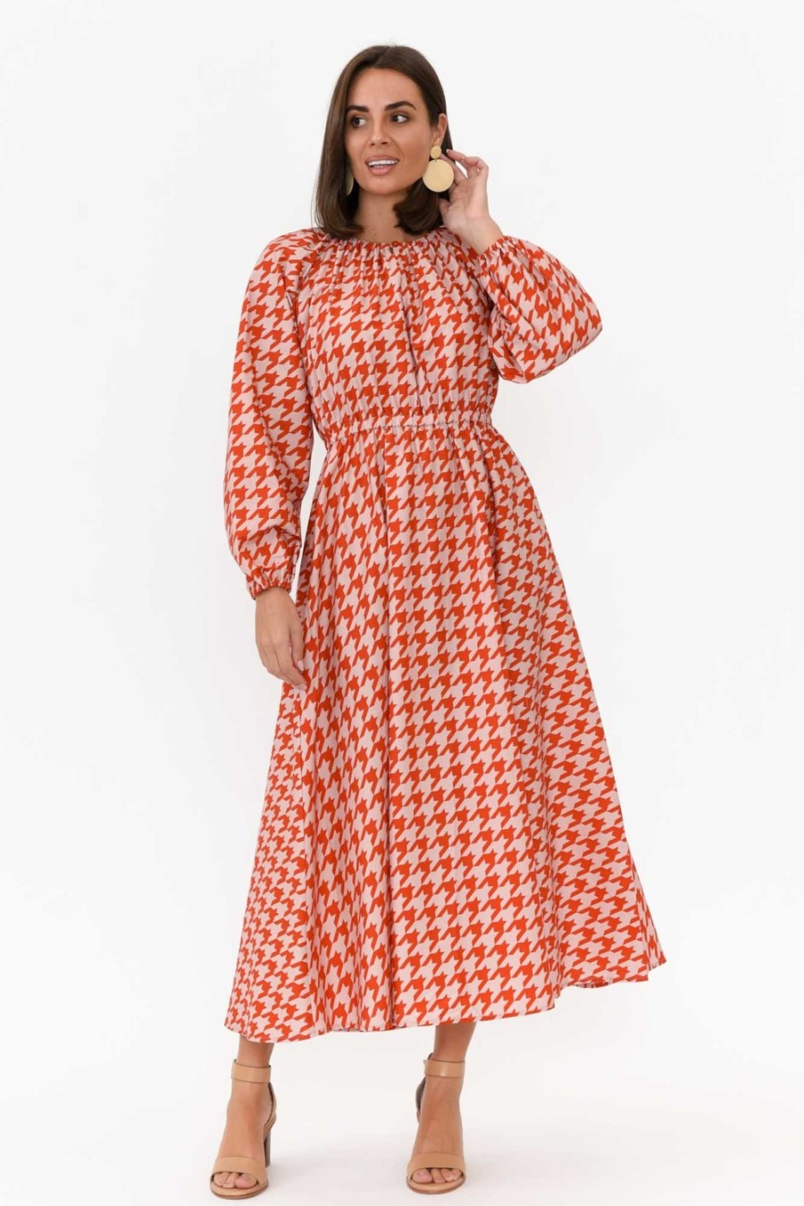 Clothing Dear Sutton Cotton Dresses | Alexis Red Houndstooth Cotton Poplin Dress