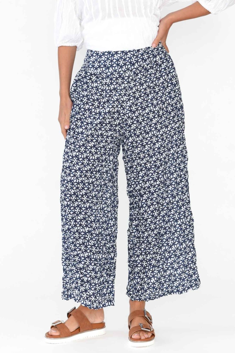 Clothing Namastai Pants | Costello Navy Flower Crinkle Cotton Pant