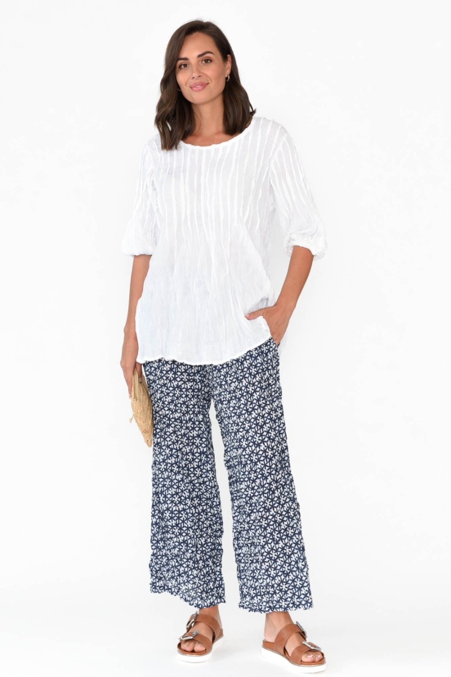 Clothing Namastai Pants | Costello Navy Flower Crinkle Cotton Pant