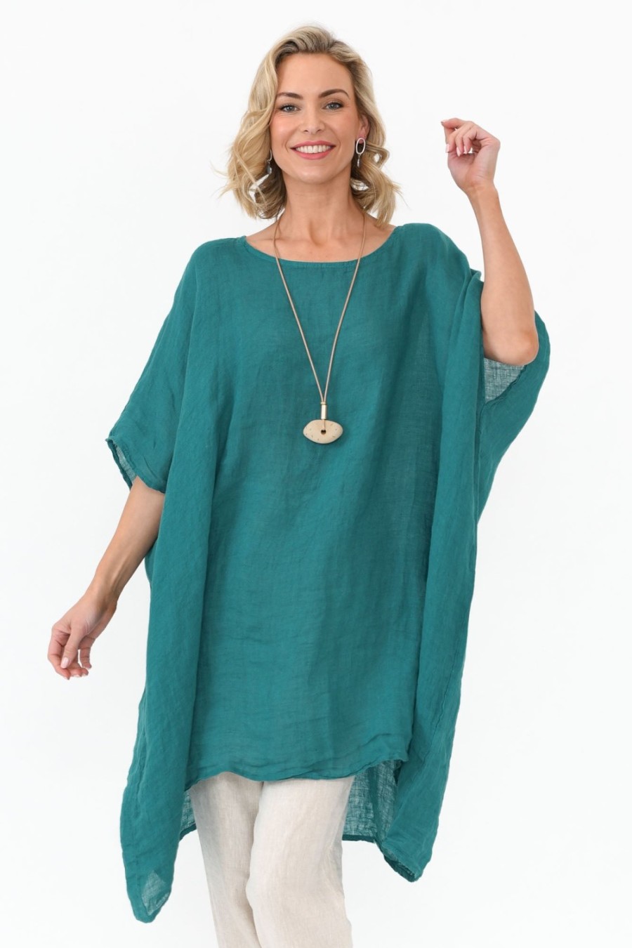 Clothing Donna Donna Tunic Tops | Noemi Teal Linen Kaftan Tunic