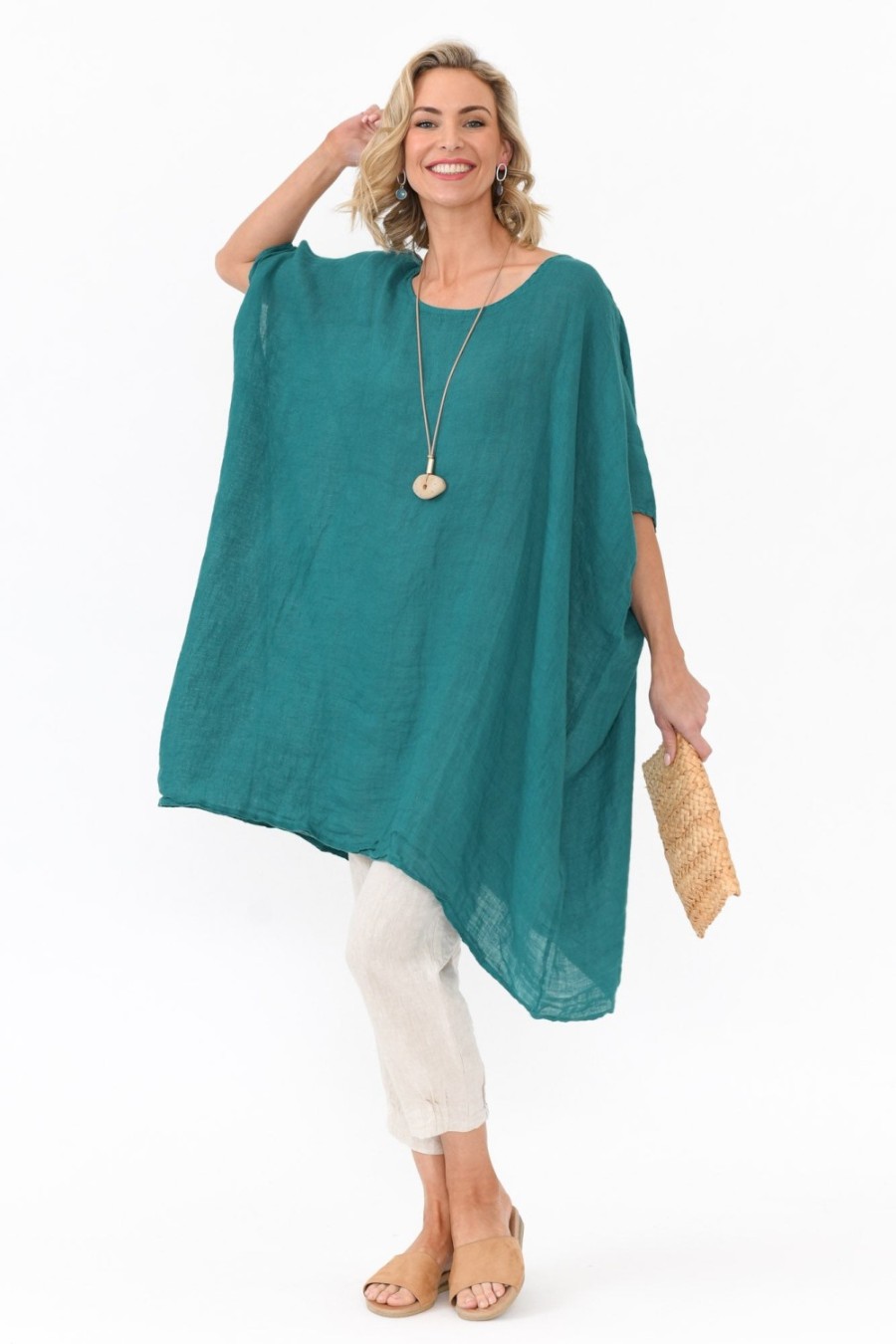 Clothing Donna Donna Tunic Tops | Noemi Teal Linen Kaftan Tunic